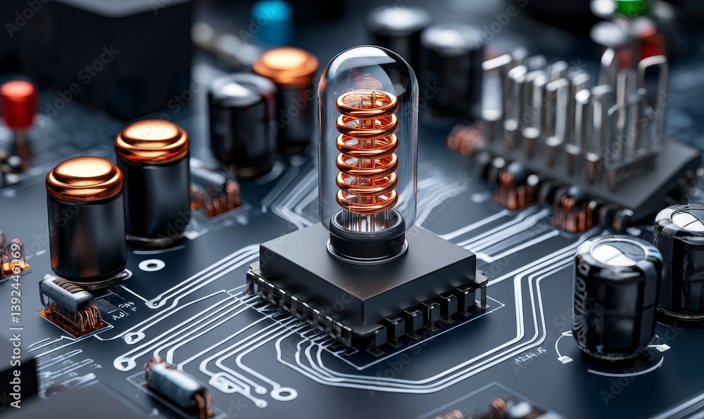 Poster computing processor, cpu, microchip, and electronic circuit board form the basis of this advanced te