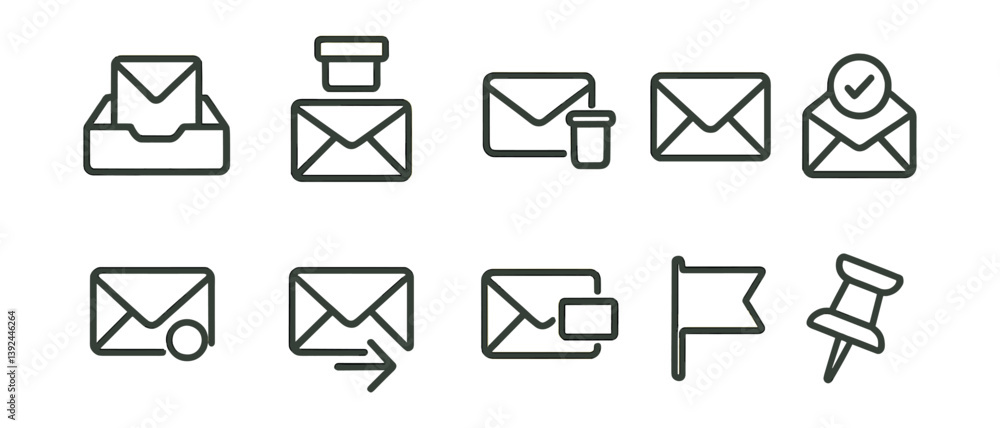 Poster email communication icons set: envelope, inbox, attachment, flag, linear style