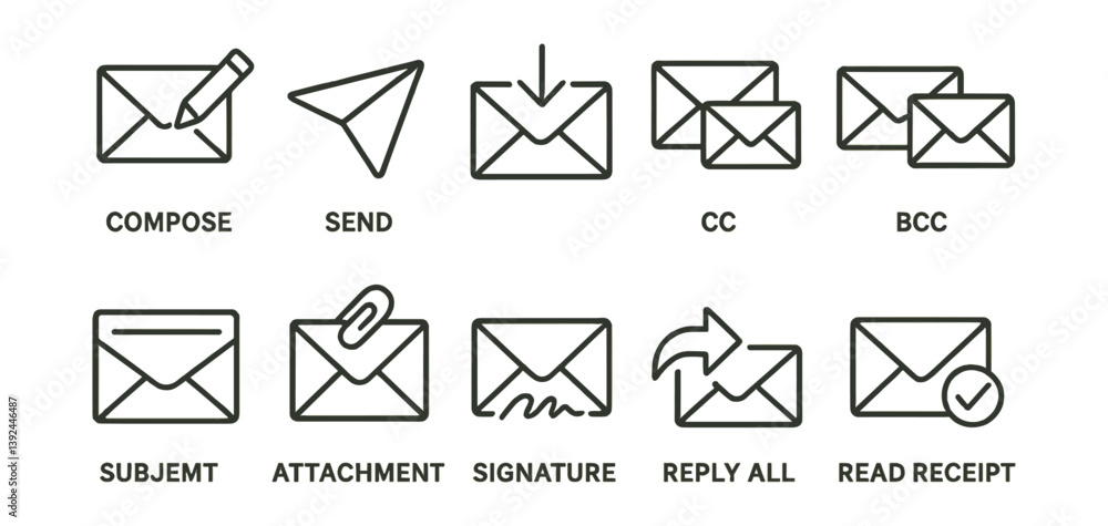 Poster email communication icons set: linear style for compose, send, attachments, and more
