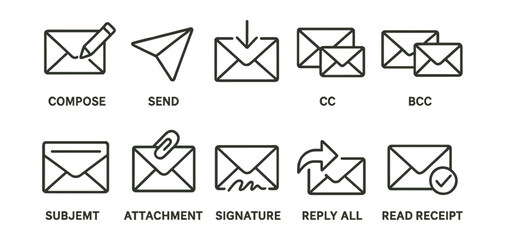 Email communication icons set: linear style for compose, send, attachments, and more