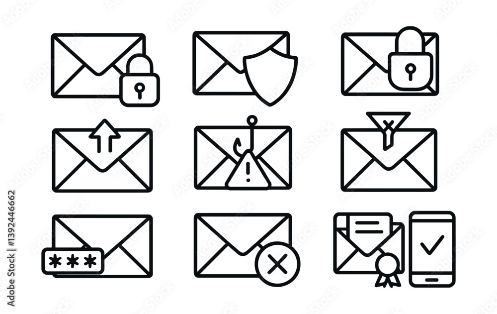 Poster email security icons set: linear style for digital communication and privacy