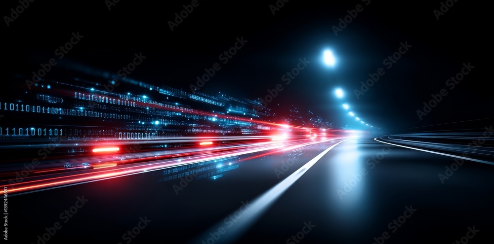 Poster a 3d rendering with motion blur captures the essence of a digital city, where a highway path leads t