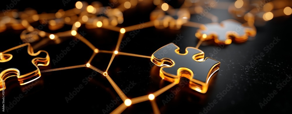 Poster digital network featuring interconnected glowing puzzle pieces that emphasize concepts of problem-so