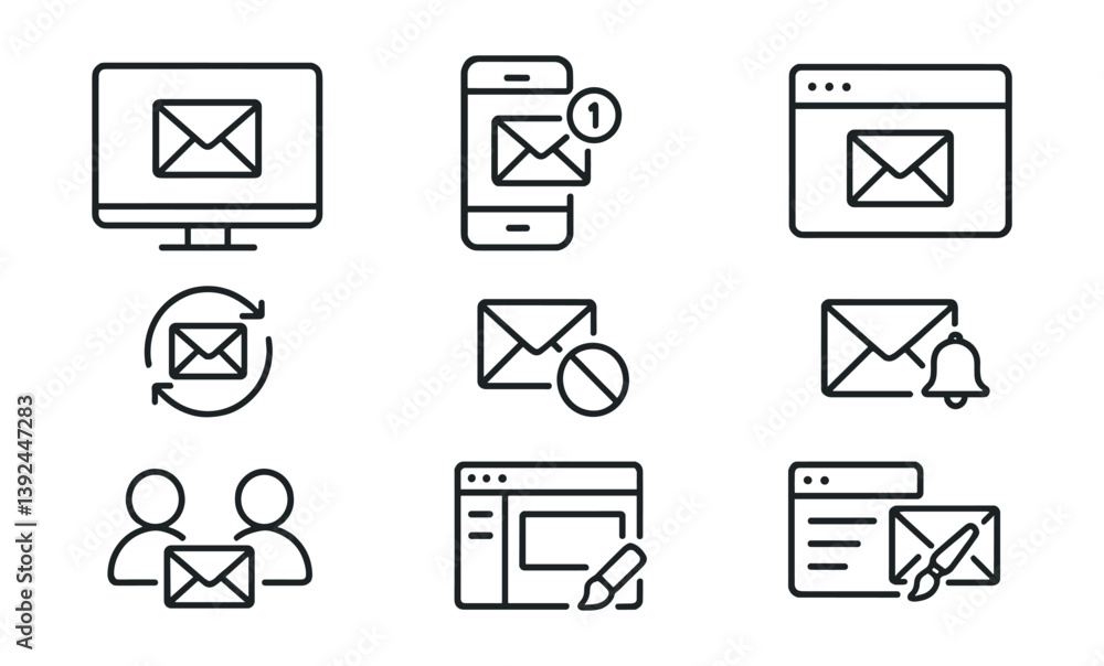 Poster email communication linear icons set: desktop, mobile, notifications, compose, user interaction