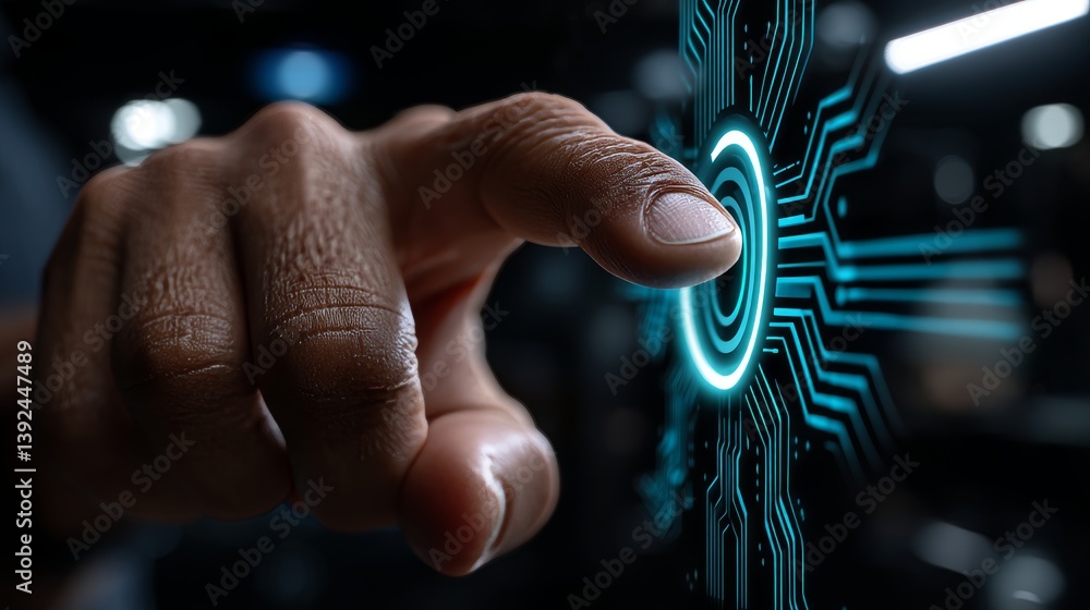 Poster a hand is shown from the side, with its finger extended towards a blue technological display featuri
