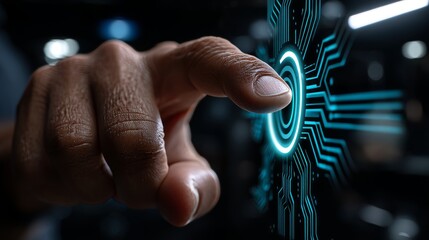 A hand is shown from the side, with its finger extended towards a blue technological display featuring geometric patterns, labeled as stock