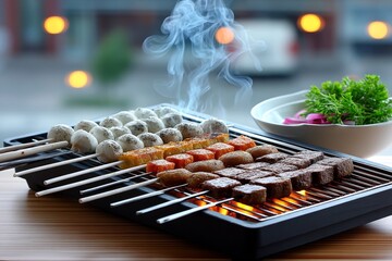 A barbecue scene with grill flames, skewers sizzling, and smoke rising