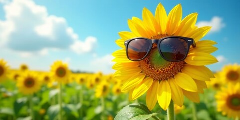 A cheerful sunflower wearing sunglasses in a sunny field of vibrant yellow blooms
