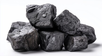 Pile of Black Coal Pieces on White Background, Energy Source Still Life, Mining Industry