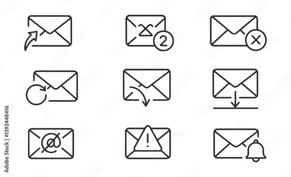 Poster email and message linear icons set – 9 communication symbols for digital interfaces