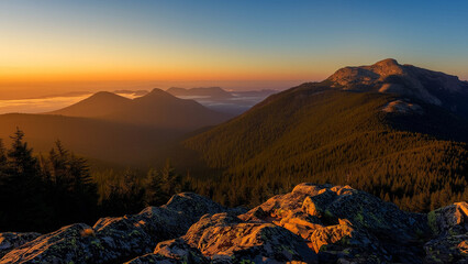 Obraz premium Sunrise Over Majestic Mountain Peaks and Pine Forest – Tranquil Wilderness Vista