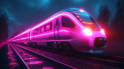 Naklejka premium Futuristic Minimalist Train Sketch with Glowing Neon Lights at Night in a Mystical Setting