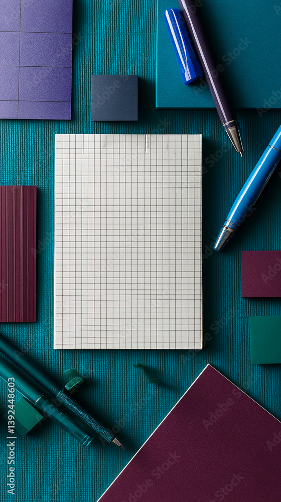 Poster flat lay of blank grid notepad, pens, and colored paper squares on teal background mockup showcasing
