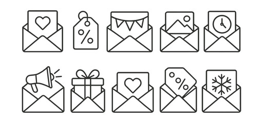 Email themes icon set: linear style with envelopes featuring heart, tag, clock, and more