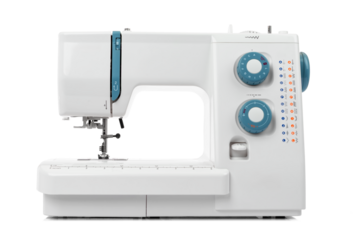 Modern electromechanical sewing machine, isolated on a transparent background png. Front view.