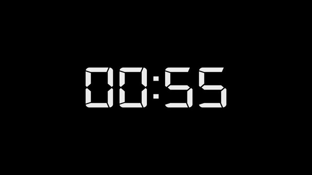 1 Minute countdown animation on black background. 1 minute timer on stopwatch