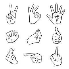 Vector set of hand gesture line icons. Peace, OK, thumbs up, fist, finger heart, pointing, Italian, middle finger signs. Outline style, black and white for stickers, emojis, signs, comics, web