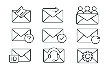 Email communication icons set - linear style with various mail functions