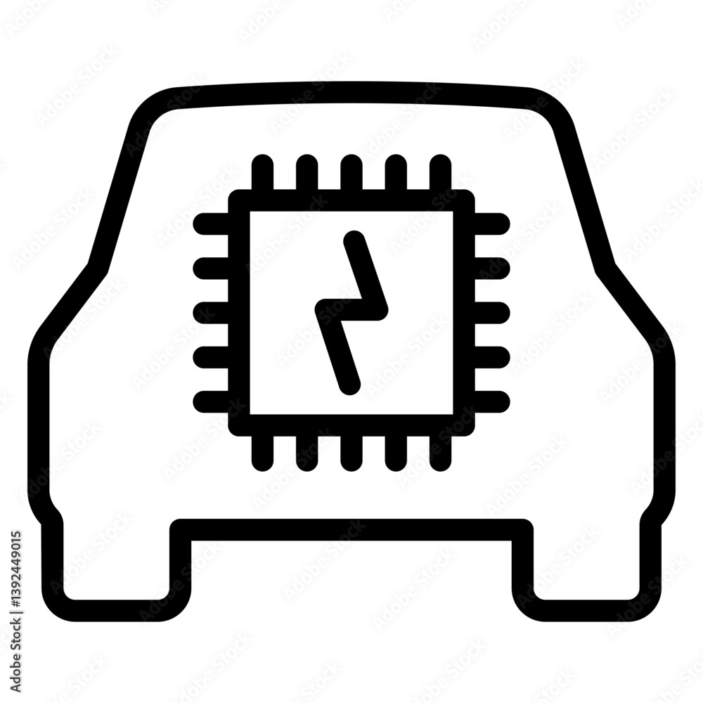 Poster processor inside electric car line icon, electronics industry concept. vector graphics. processor cp