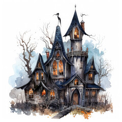 Watercolor Haunted House, clipart Illustration, Generative Ai