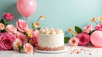 A delightful celebration cake adorned with colorful sprinkles, surrounded by pink roses and pastel balloons, creating a festive and joyful atmosphere