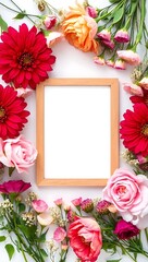 Vibrant floral frame with blank space perfect for your message featuring soft peach pink and red