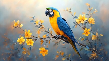 Majestic Blue and Yellow Parrot Perched on a Flowering Branch in Watercolor Style