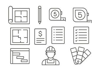 Construction planning icons set: blueprint, tools, checklists, and more in linear style