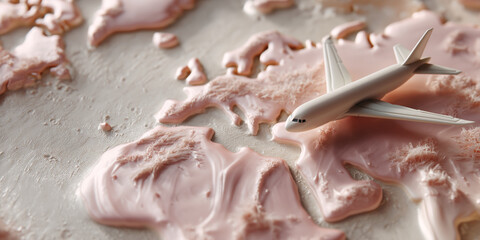 White airplane model on pink textured world map, showcasing travel and journey concept, ideal for travel blogs or tourism advertisements