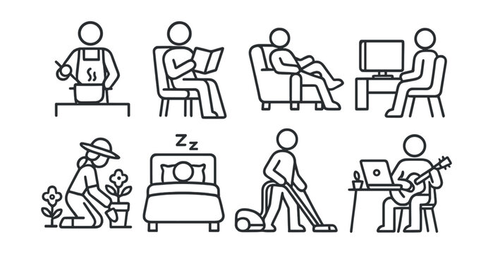 Daily activities icon set: home and leisure outlines in linear style