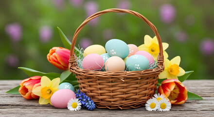 Obraz premium easter eggs in a basket with flowers