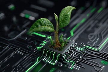 Illustration conceptually depicting the growth of a tech plant, symbolizing the blend of nature and technology to drive sustainable innovation