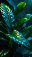 Lush Tropical Leaves Dark Green Plant Nature Background Dramatic Lighting Deep Emerald Foliage