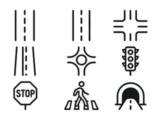 Linear roadway icons set: traffic lights, stop sign, crosswalk, tunnel, intersections