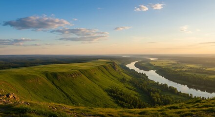 Fototapeta premium Golden Hour River Valley: A Panorama of Serene Landscape AI Generated