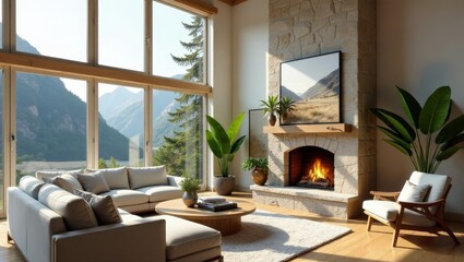 Serene Mountain View Living Room with Stone Fireplace and Luxurious Seating