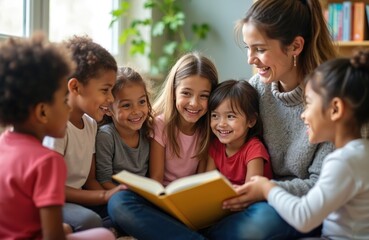 Group of happy kids listening teacher reading book in kindergarten. Diverse children enjoy early education, learning in classroom environment. Positive, friendly relationship, smiling faces,