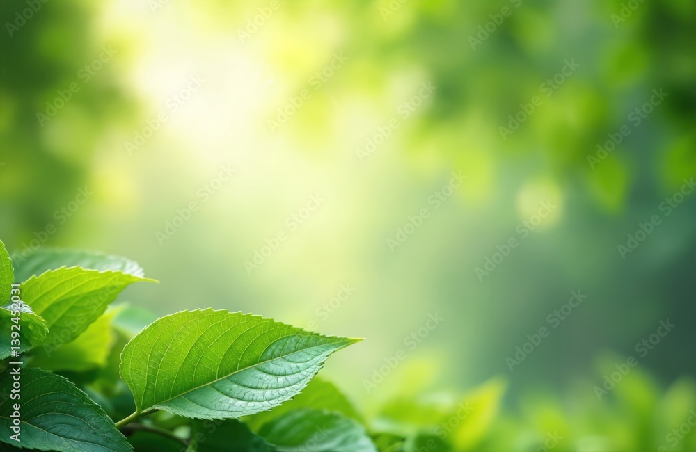 Poster fresh green leaf on blurred green plants background. sunlight shines through leaves creating dreamy 
