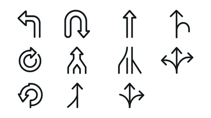 Directional traffic signs icons set: linear style, arrows, merging, turning, u-turn