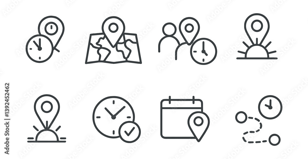 Aufkleber time zone and location icon set: linear style guide