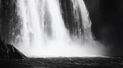 Powerful waterfall cascading down rocks, misty base, dark background. Nature photography for travel brochures