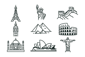 Global landmarks icons set: famous monuments from around the world in linear style