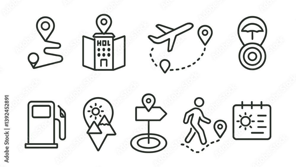 Poster travel and navigation icons set: linear style featuring maps, routes, and destinations