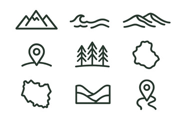 Minimalist linear nature icons set featuring mountains, waves, maps, locations, and trees