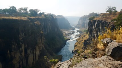 A deep gorge with a waterfall plunging into the river below