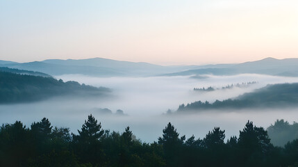 view of a foggy valley at dawn, with mist hovering over the trees and distant mountains barely visible through the haze 