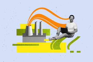 Composite trendy magazine photo collage of happy man girl sit pollution factory pipe damage...