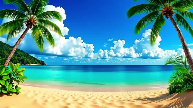 Summer background, paradise island with charming seascape. Cloudy sky over clear ocean water on sandy coast with palm trees. Luxury island travel concept