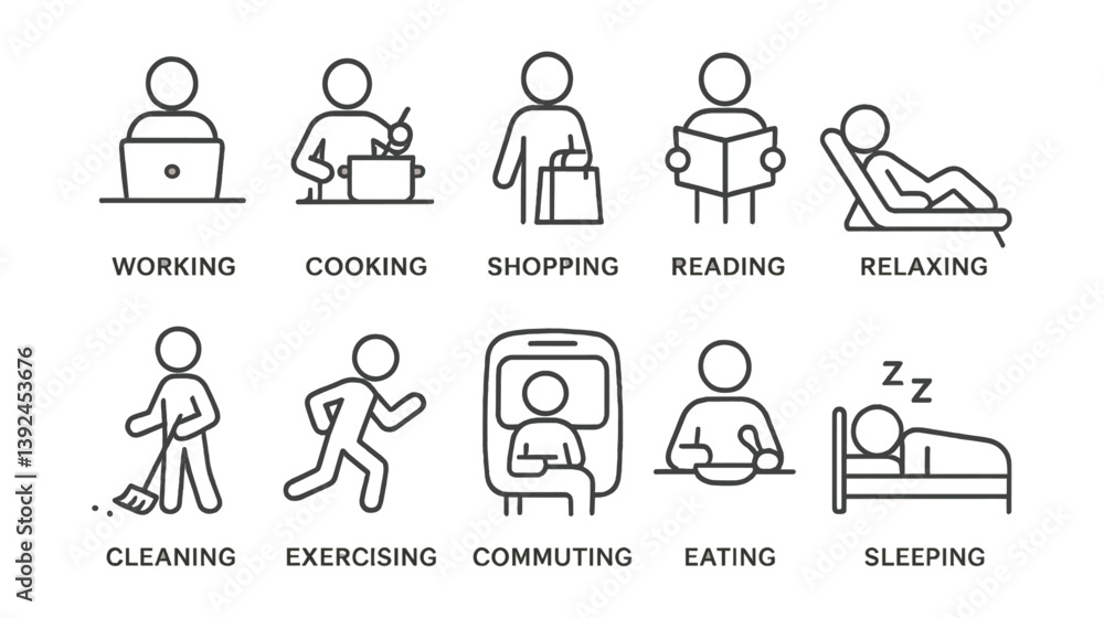 Poster everyday activities icons set: minimalist linear style for various daily routines