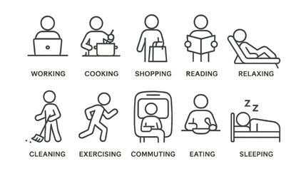Everyday activities icons set: minimalist linear style for various daily routines